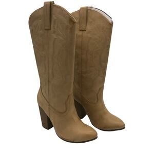 Code West Womens Western Style Mid Calf Boots Brown Pull On Stacked Heels 8.5 M